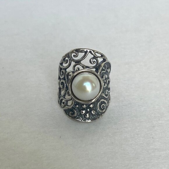 Didae Sterling Silver 925 Israel Modernist Scrollwork Pearl Wide Band Ring - Picture 11 of 16